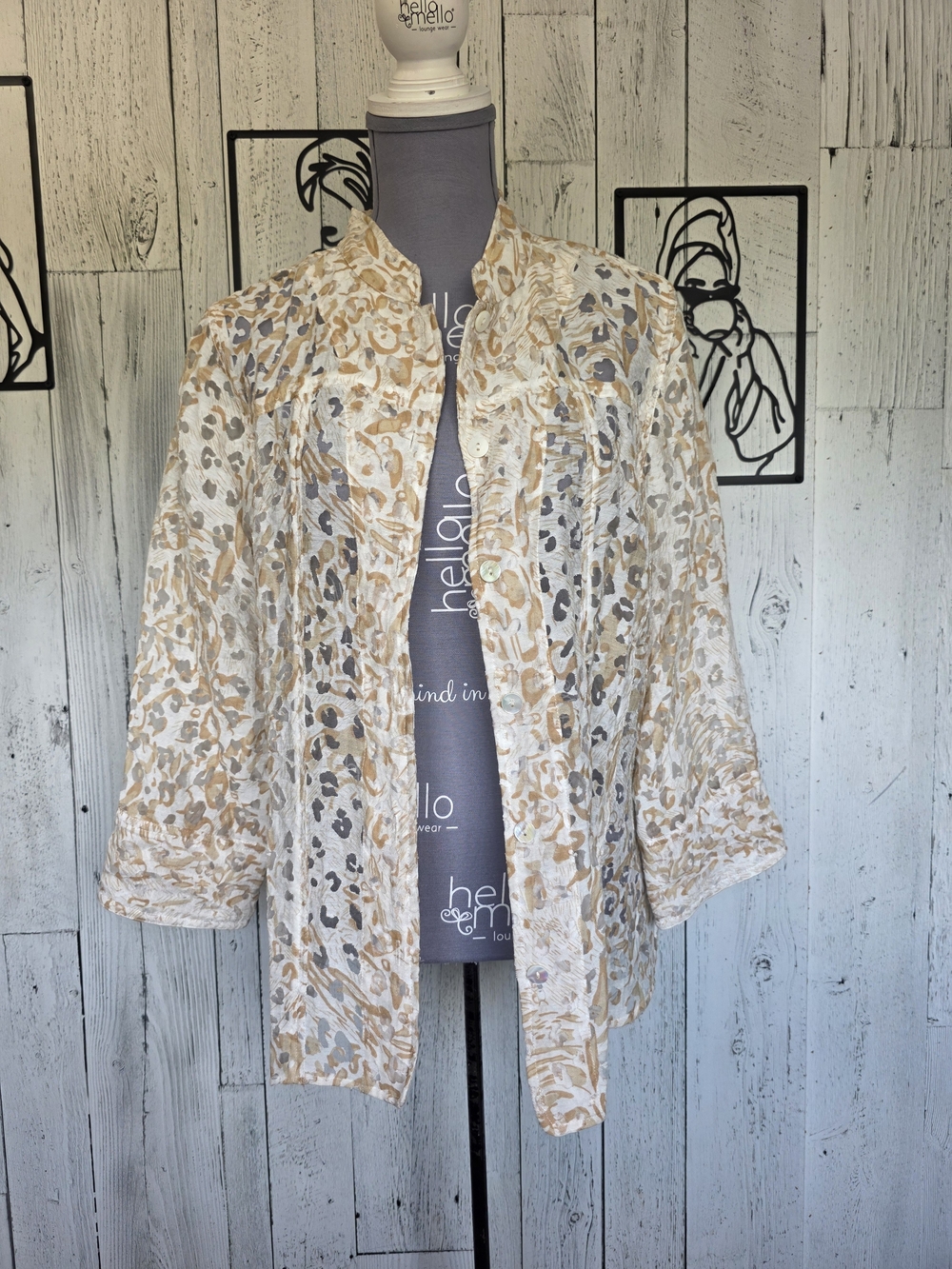 Kerrybrooke Leopard Print Sheer Mesh Button-Down Blouse Size L Business Office
